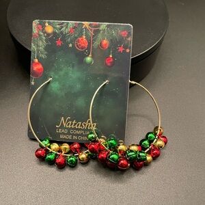 Natasha Couture Vibrant Red, Green, Gold Christmas Holiday Jingle Bell Earrings